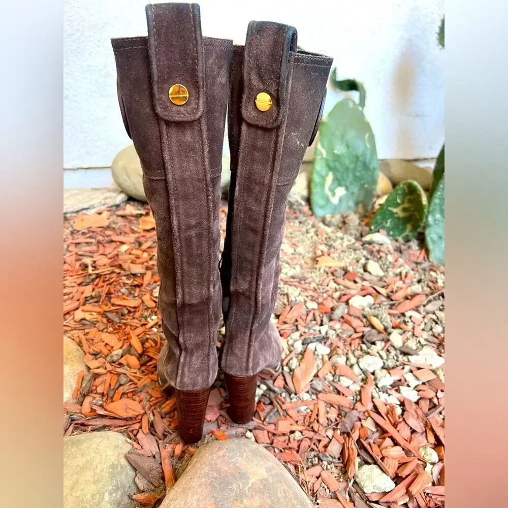 Tory Burch Y2K Brown Suede Leather Claudia Heeled Lug Sole Knee Boots Size 6